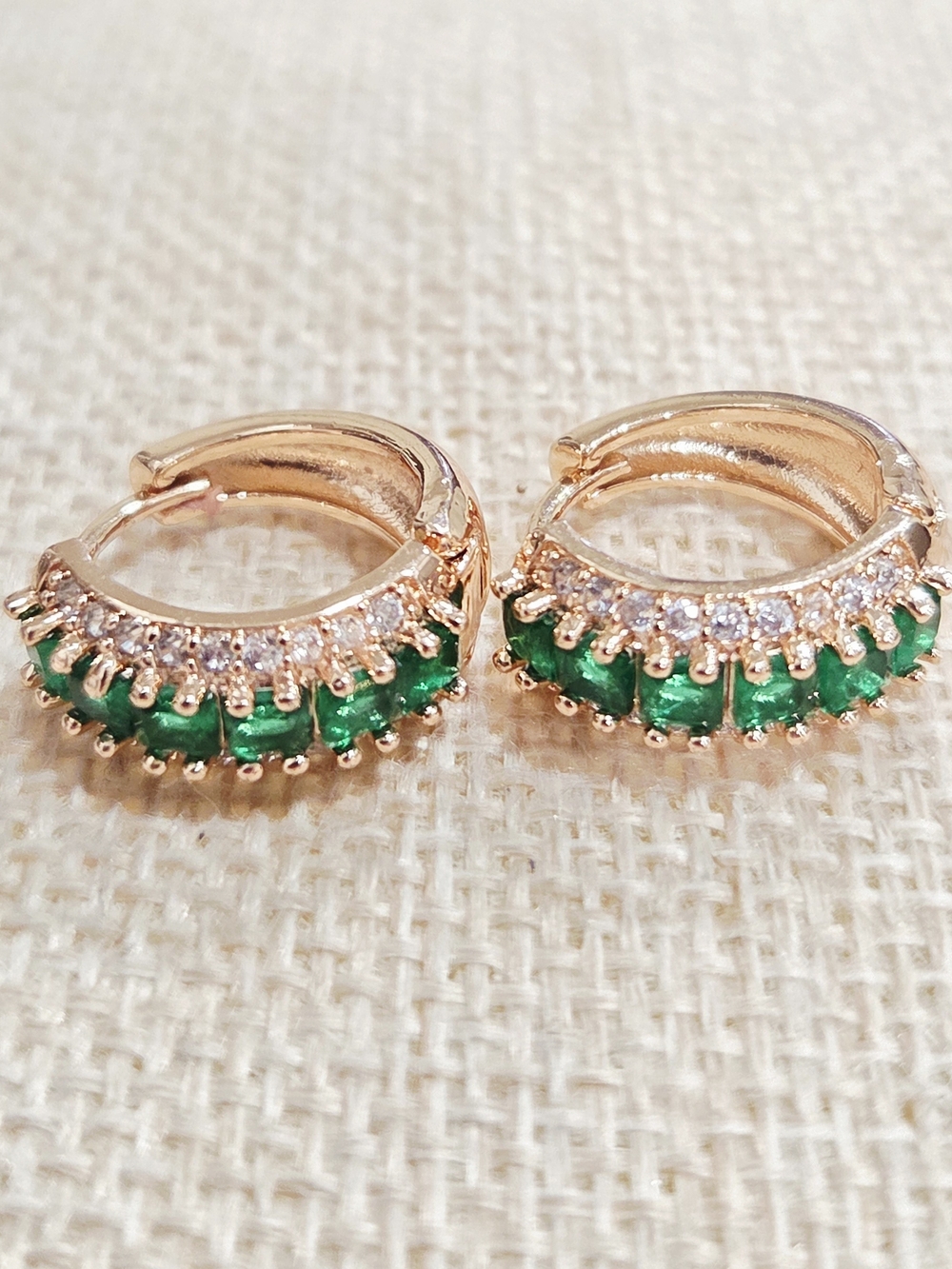 Gold-Tone Hoop Earrings with Green Gemstones